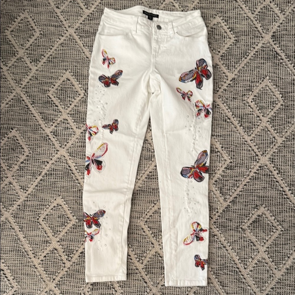 BOSTON PROPER White Butterfly Embroidered Women's Jeans NWT